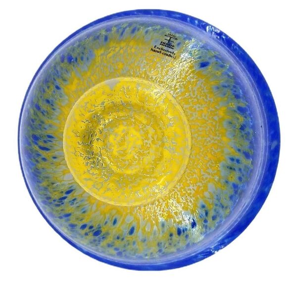 Skruf Sweden Vintage Handblown Confetti Blue and Yellow Glass Artisan Bowl - Picture 6 of 9